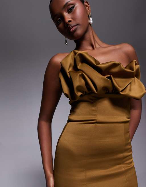 ASOS DESIGN bandeau structured midi dress with ruffle bodice detail in olive