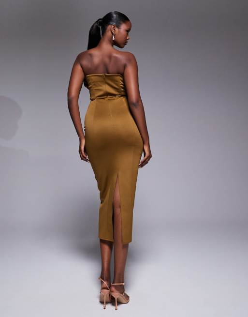 ASOS DESIGN bandeau structured midi dress with ruffle bodice detail in olive
