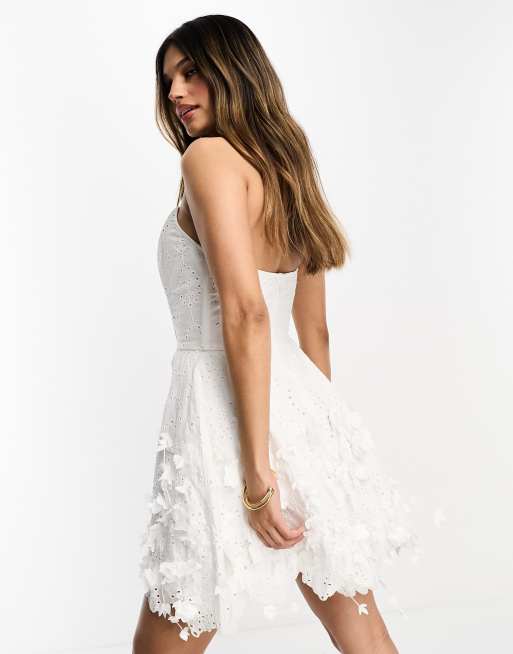 ASOS DESIGN bandeau structured mini skater dress with floral corsage in white, 3 of 4