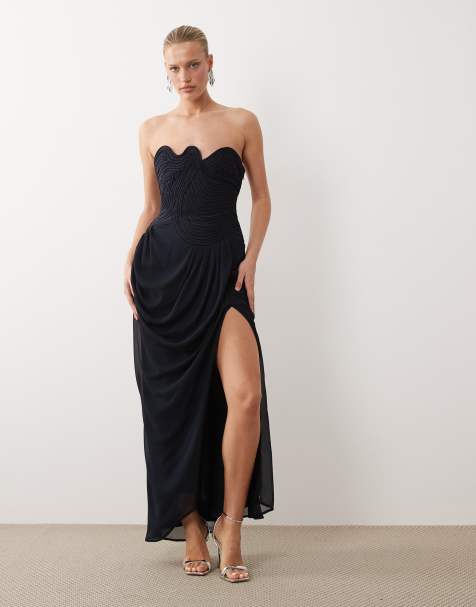 ASOS DESIGN bandeau swirl neckline satin bodice maxi dress with draped chiffon skirt in navy - view 1