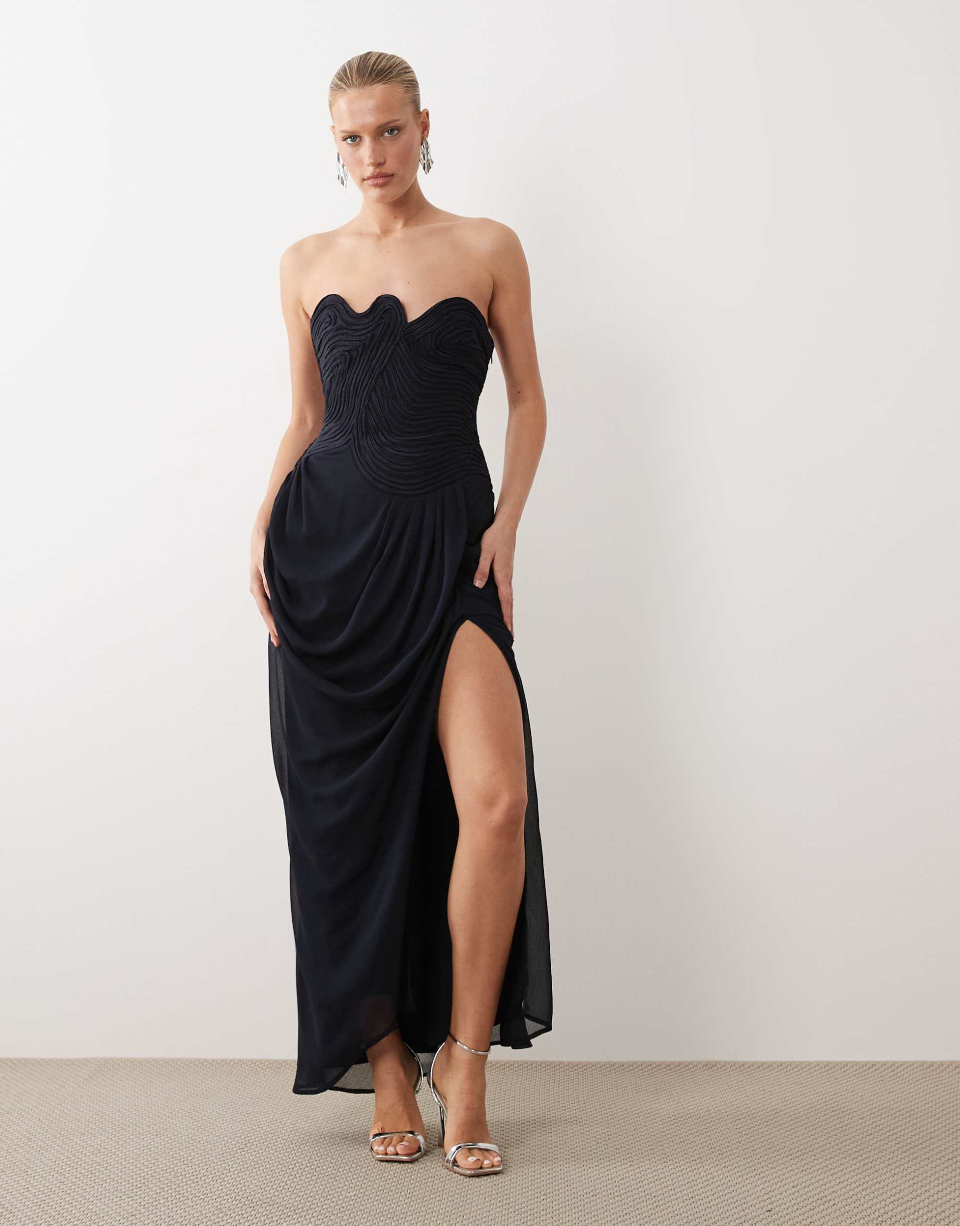 asos design bandeau swirl neckline satin bodice maxi dress with draped chiffon skirt in navy