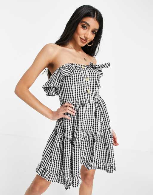 ASOS DESIGN bandeau tiered mini sundress in mono gingham, 4 of 4