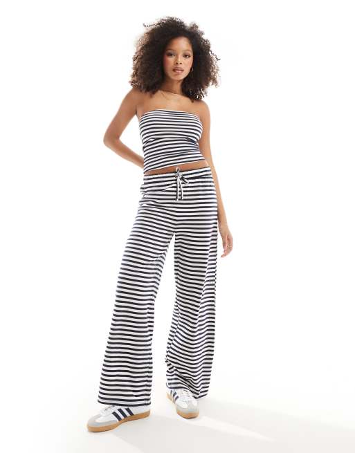 ASOS DESIGN bandeau top and trouser co-ord in navy and white stripe