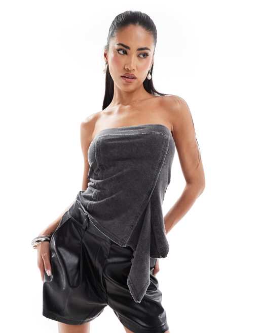 ASOS DESIGN - Bandeau-top i denimlook med kiledetalje i koksgrå vask
