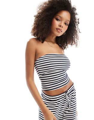 Asos Design Bandeau Top In Navy And White Stripe - Part Of A Set-multi