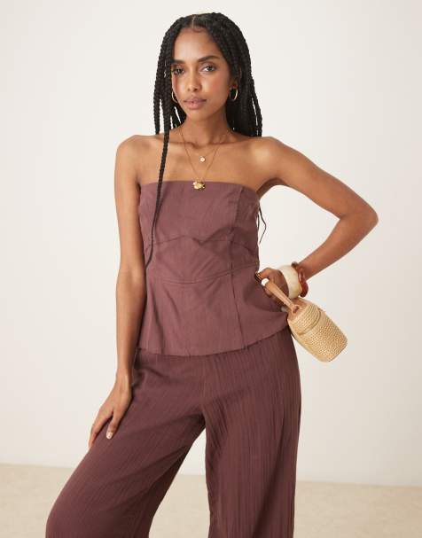 ASOS DESIGN bandeau top linen look cotton jumpsuit in chocolate - view 1