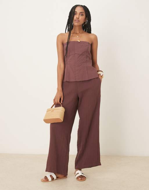 ASOS DESIGN bandeau top linen look cotton jumpsuit in chocolate, 2 of 4