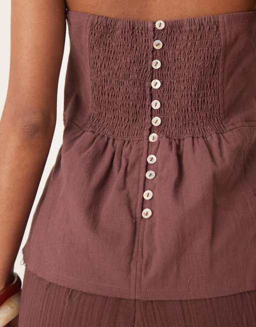 ASOS DESIGN bandeau top linen look cotton jumpsuit in chocolate, 3 of 4