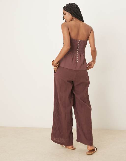 ASOS DESIGN bandeau top linen look cotton jumpsuit in chocolate, 4 of 4
