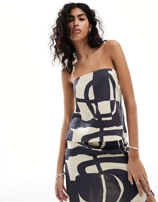 ASOS DESIGN - Bandeau-top med abstrakt sort/hvidt print - Del af sæt