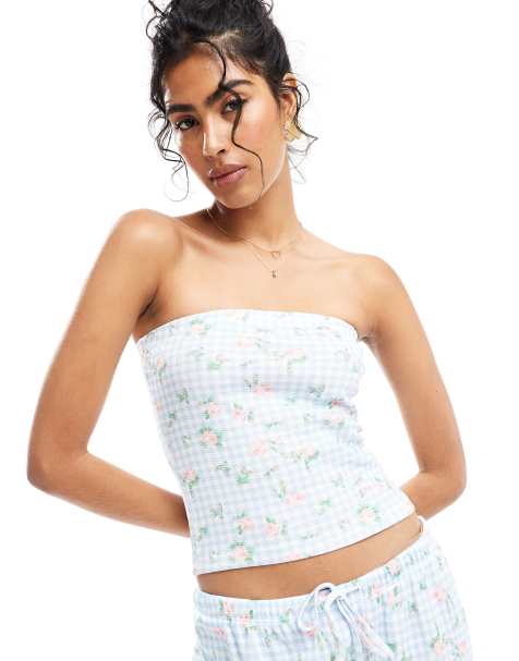 ASOS DESIGN - Bandeau-top med blomstermønster og gingham-tern - Del af sæt - view 1