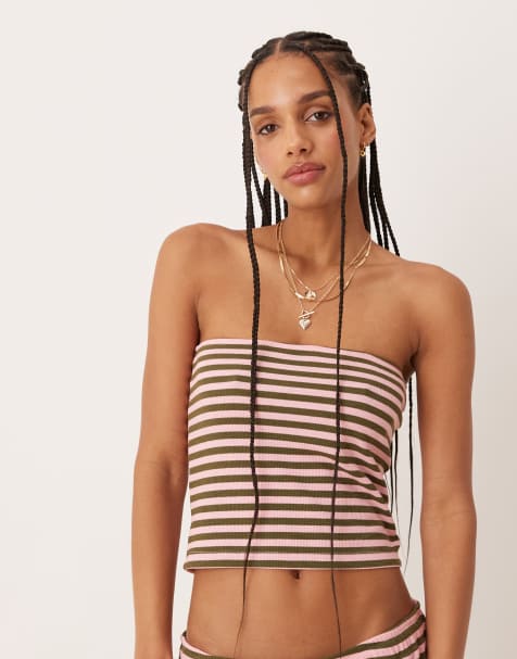 ASOS DESIGN - Bandeau-top med grønne og pink striber - Del af sæt - view 1