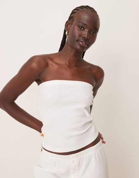 ASOS DESIGN - Bandeau-top met lange pasvorm en wafelstructuur in crème - view 1