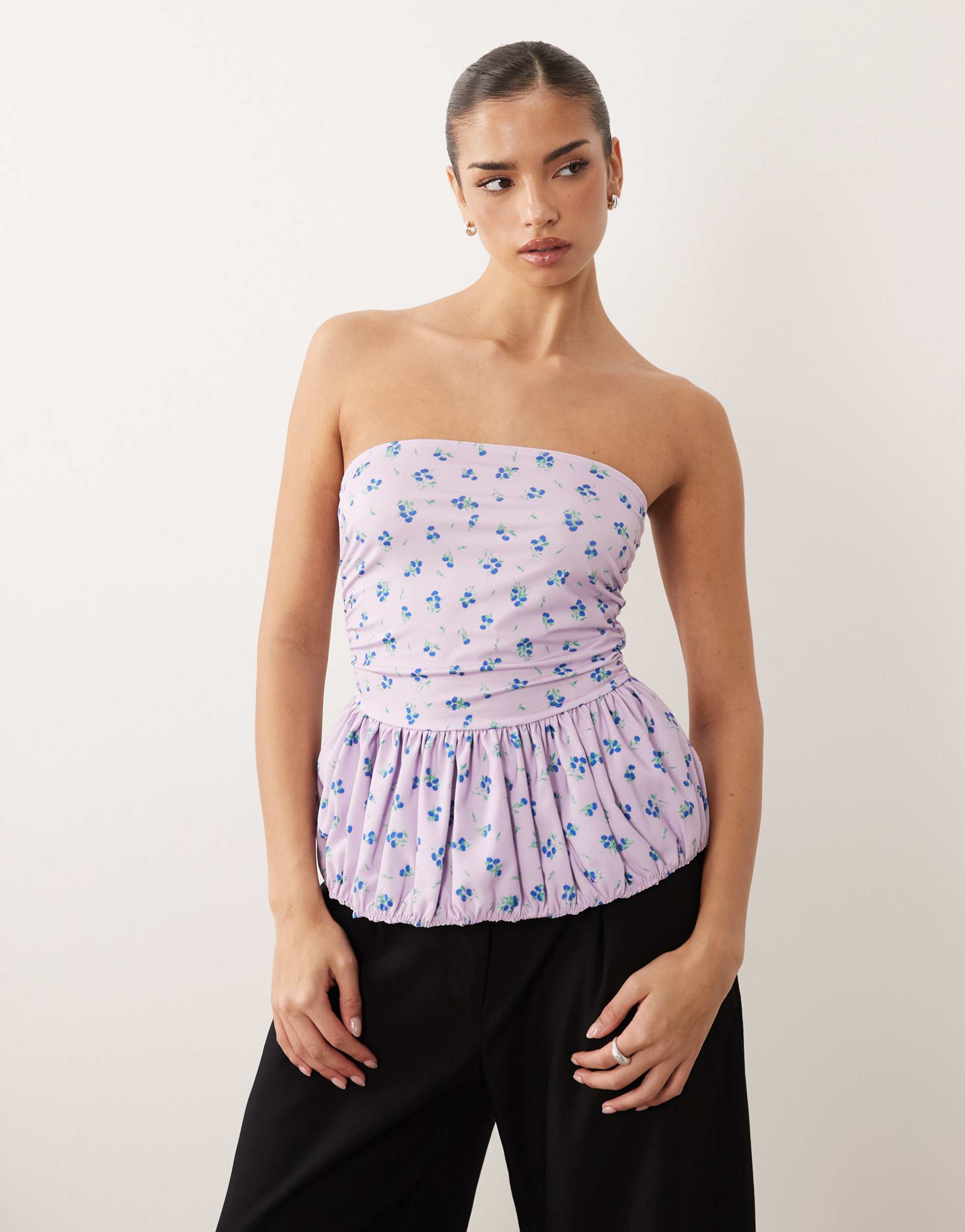asos design bandeau top with bubble hem in lilac floral