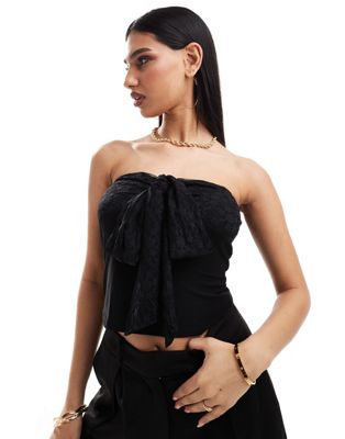ASOS DESIGN bandeau top with lace bust and tie detail in black