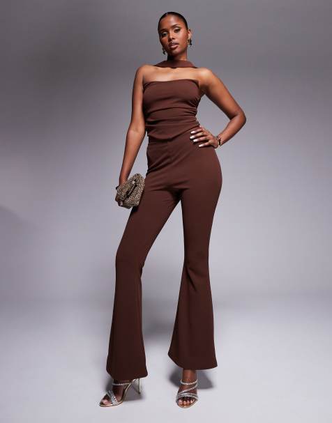 ASOS DESIGN bandeau top with scarf neck detail and flared pants set in chocolate - view 1