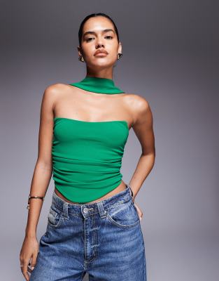 Asos Design Bandeau Top With Scarf Neck Detail-green