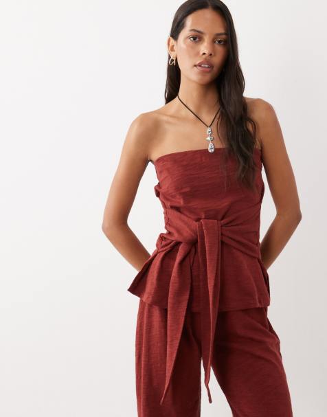 ASOS DESIGN bandeau-topp med knytdetalj i set i burgundy - view 1