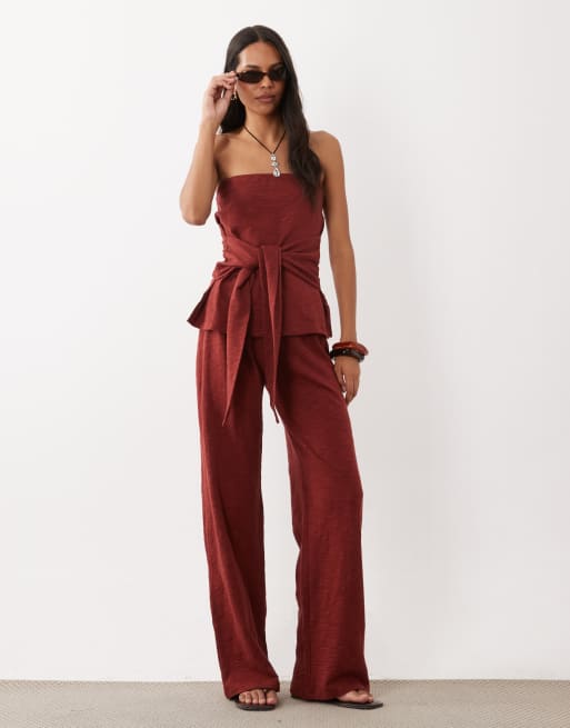 ASOS DESIGN bandeau-topp med knytdetalj i set i burgundy, 2 av 4