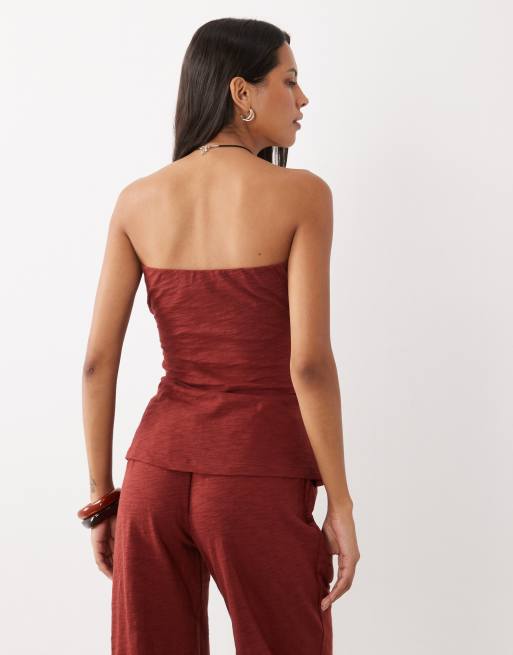 ASOS DESIGN bandeau-topp med knytdetalj i set i burgundy, 3 av 4
