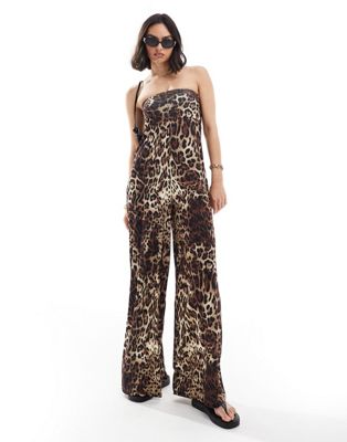 ASOS DESIGN bandeau trapeze jumpsuit in leopard print Sale