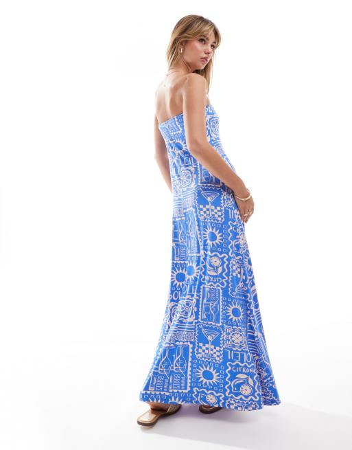 ASOS DESIGN bandeau trapeze maxi dress in blue print | ASOS