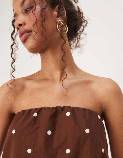 ASOS DESIGN bandeau trapeze mini dress in chocolate polka dots