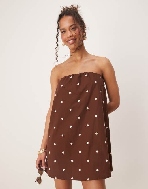 ASOS DESIGN bandeau trapeze mini dress in chocolate polka dots