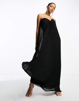 Asos Design Plisse Bandeau High Low Maxi Dress In Black In Black