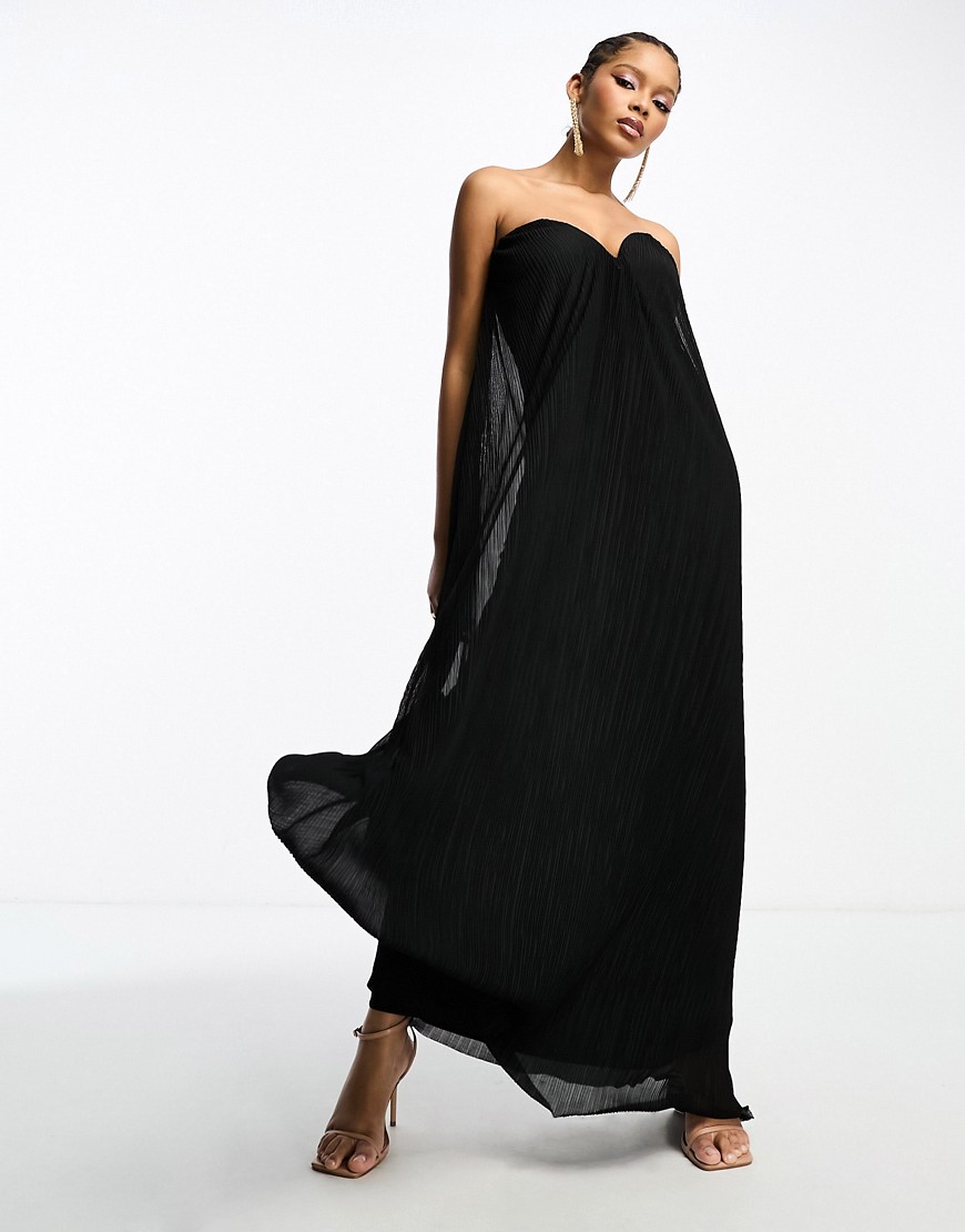 Asos Design Plisse Bandeau High Low Maxi Dress In Black