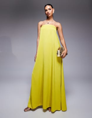 bandeau trapeze satin maxi dress in chartreuse-Yellow
