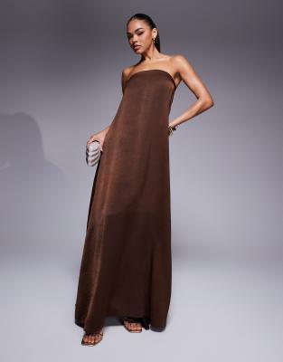 Asos Design Bandeau Trapeze Satin Maxi Dress In Chocolate-brown