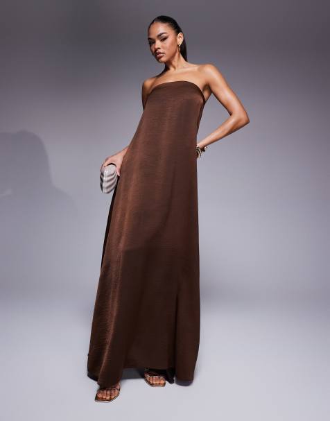 ASOS DESIGN bandeau trapeze satin maxi dress in chocolate - view 1