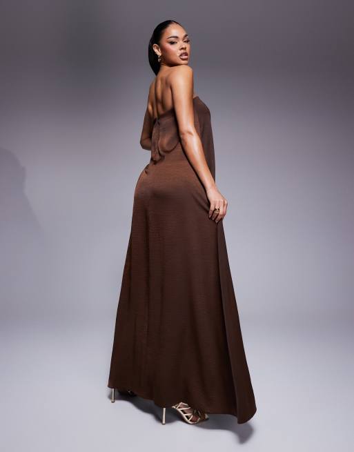 ASOS DESIGN bandeau trapeze satin maxi dress in chocolate | ASOS
