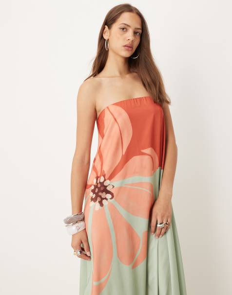 ASOS DESIGN bandeau trapeze satin maxi dress in mint floral print - view 1