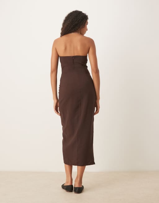 ASOS DESIGN bandeau trench style pencil midi dress in chocolate