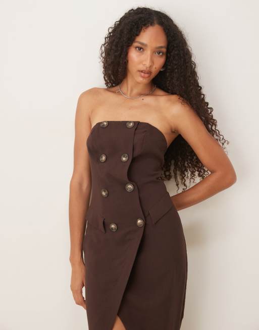 ASOS DESIGN bandeau trench style pencil midi dress in chocolate