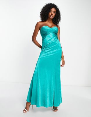 Asos Design Bandeau Tuck Drape Maxi Dress In Aqua-blue In Blue