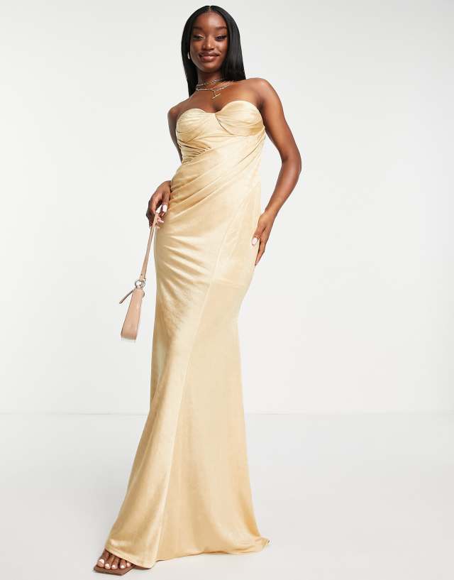 ASOS DESIGN bandeau tuck drape maxi dress in gold