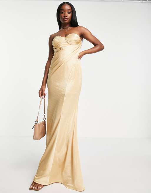 ASOS DESIGN bandeau tuck drape maxi dress in gold