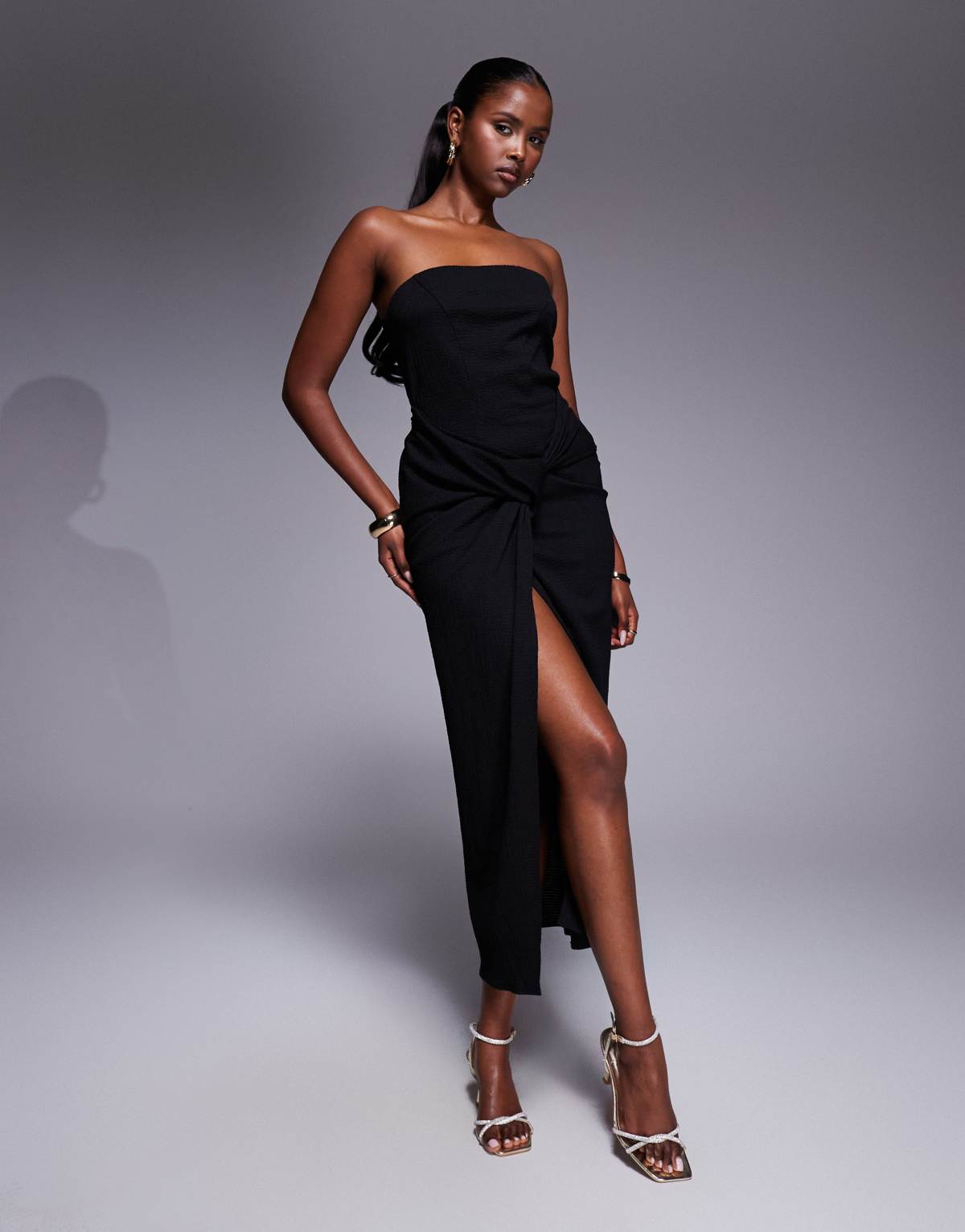 ASOS DESIGN bandeau twist drape front midi dress in black