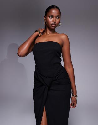Asos Design Bandeau Twist Drape Front Midi Dress In Black