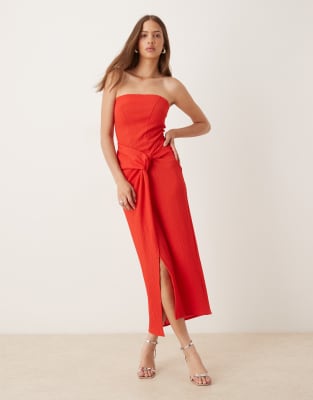 Asos Design Bandeau Twist Drape Front Midi Dress In Red
