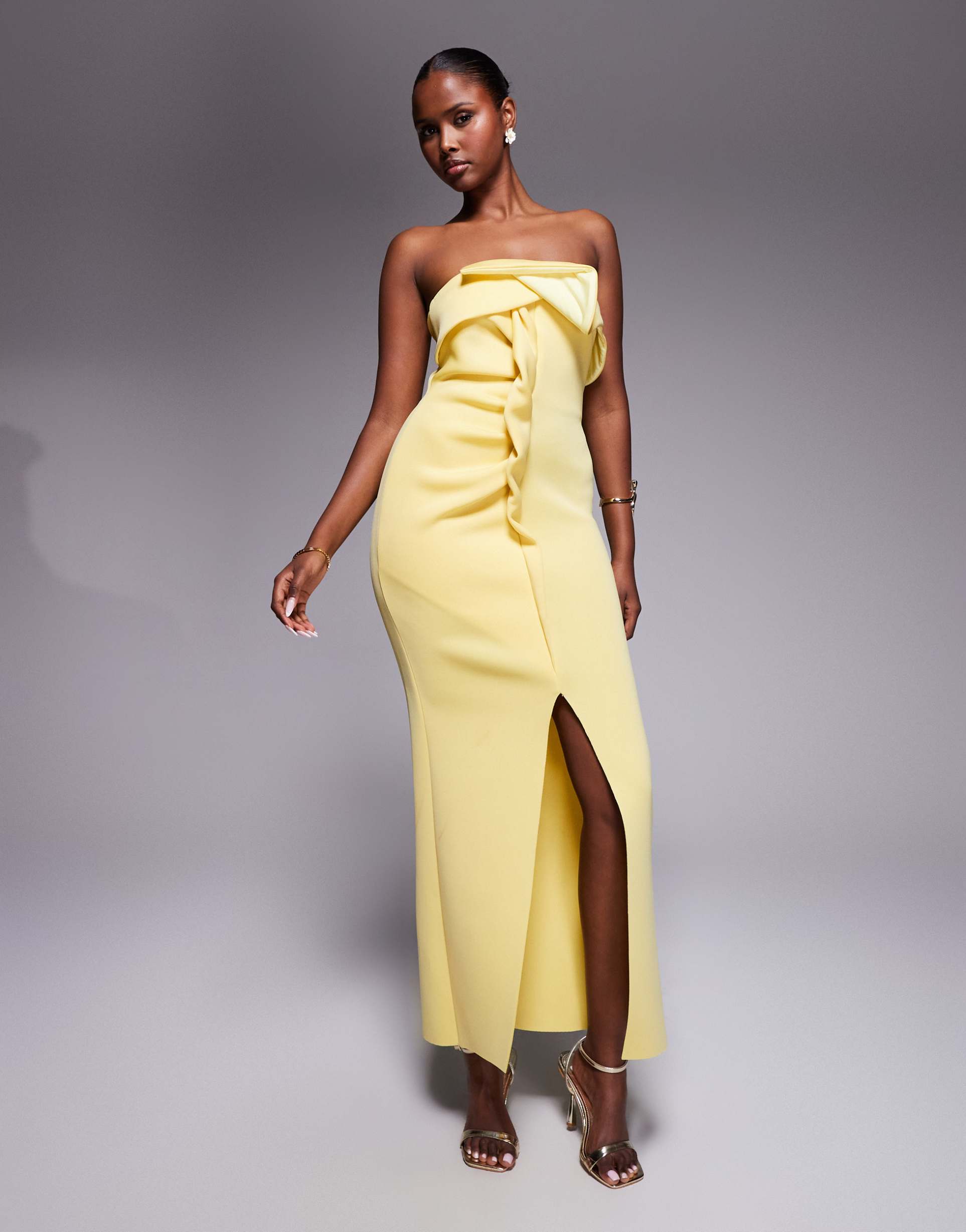 asos design bandeau twisted front detailing midi dress in buttermilk in scuba-style fabric