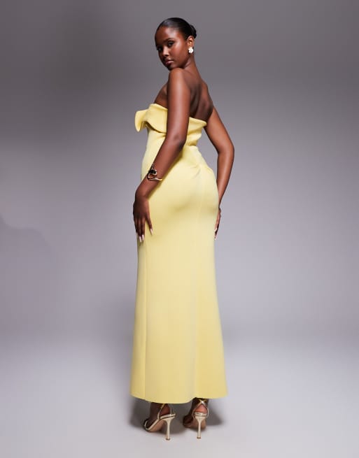 ASOS Design Bandeau Twisted Front Detailing Midi Dress in Buttermilk in scuba-style Fabric-Yellow