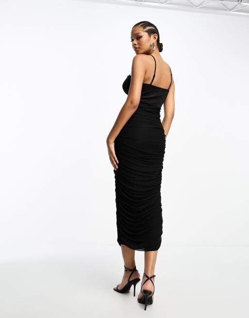 ASOS DESIGN long sleeve mesh corset midi dress in black