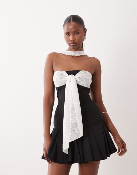 ASOS DESIGN - Bandeau van gladde stof met bovenkant met kanten gestrikte voorkant en halternek in zwart-wit - view 1