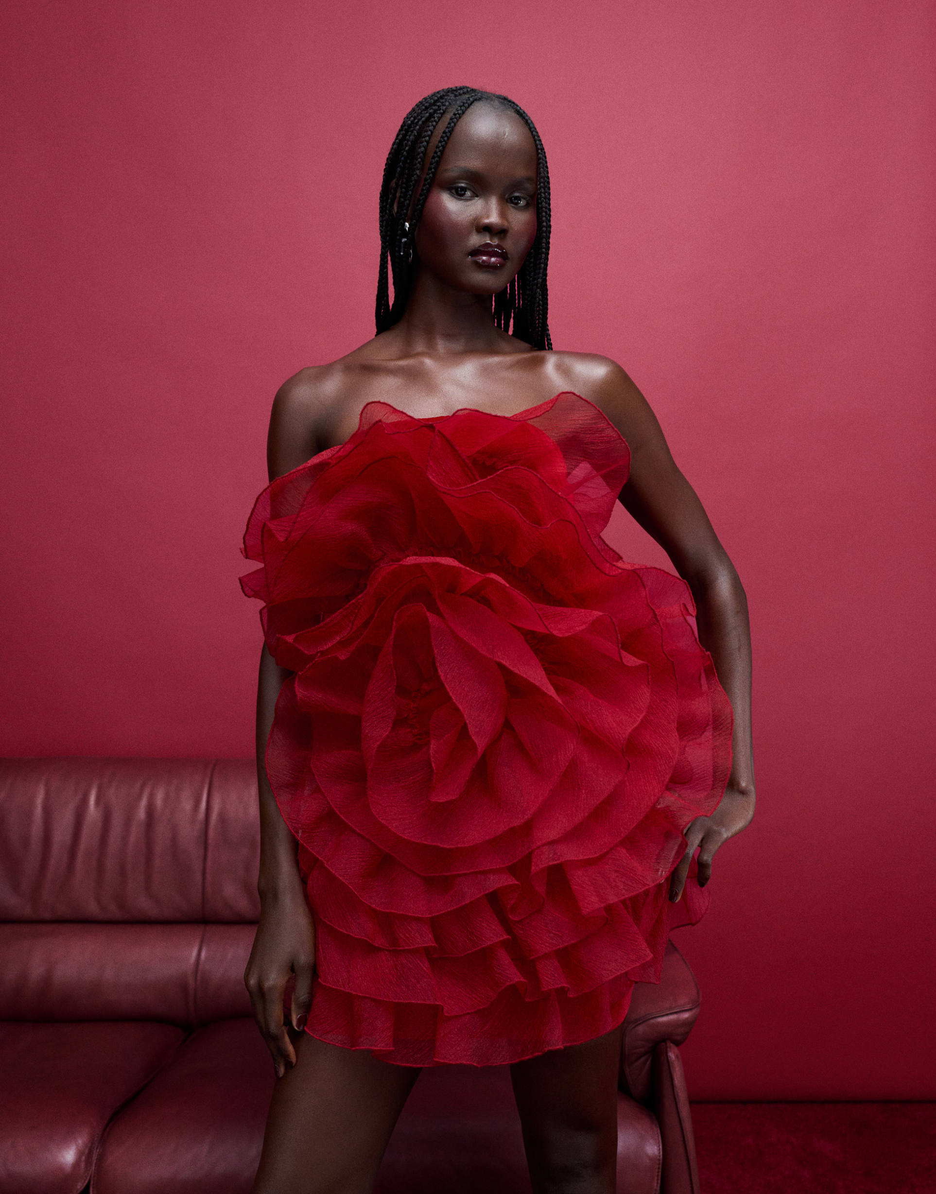 asos design bandeau velvet 3d floral ruffle bodice mini dress in red