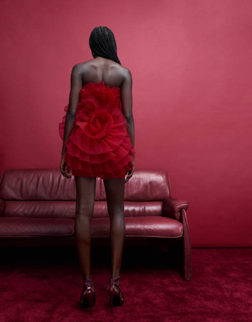 ASOS DESIGN bandeau velvet 3D floral ruffle bodice mini dress in red, 4 of 4