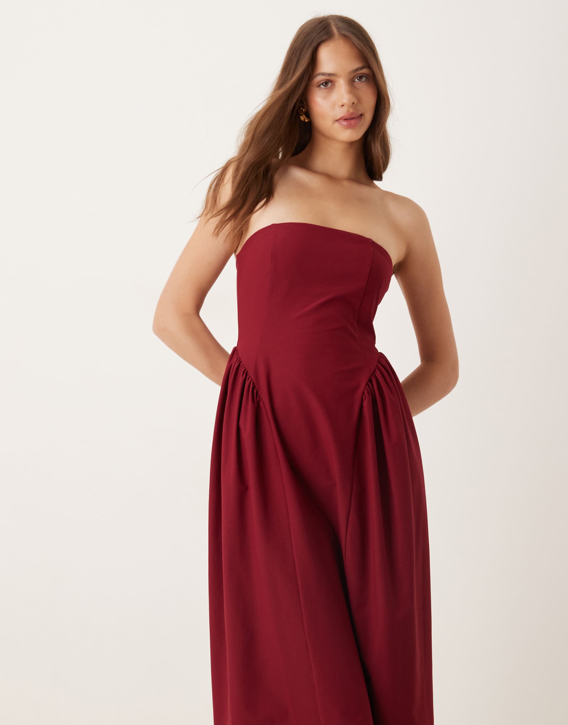 asos design bandeau waisted detail midi dress in wine